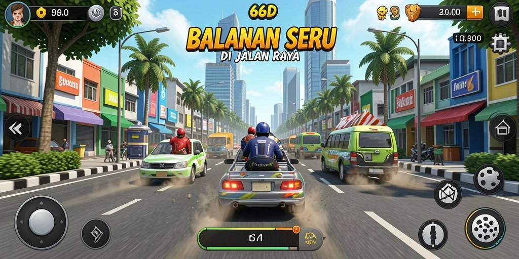 Gameplay 66D menampilkan balapan intens dengan kendaraan berkecepatan tinggi.