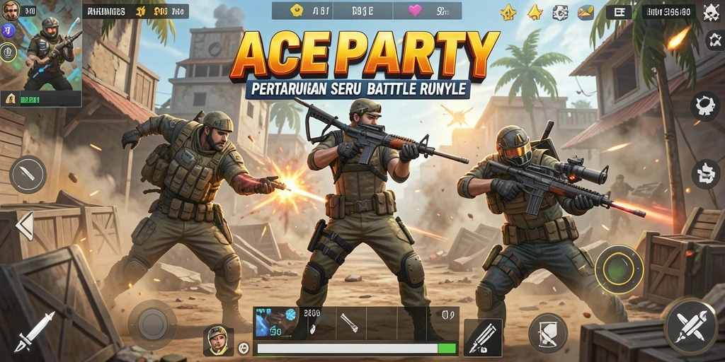 Tangkapan layar utama ACEPARTY menampilkan pertempuran mendebarkan di pulau terpencil.