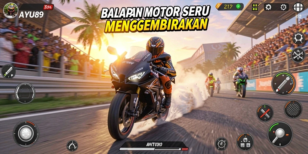 Screenshot gameplay AYU89 yang menarik dengan aksi balapan motor.