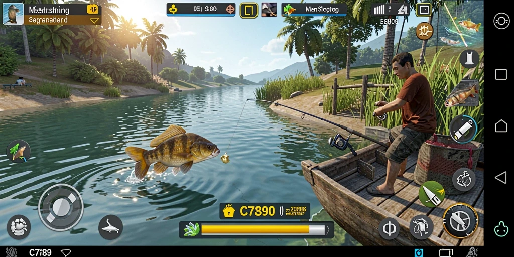 Screenshot utama C7890 menampilkan aksi memancing yang mendebarkan di lokasi indah.