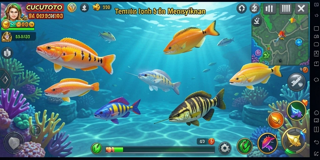 Screenshot gameplay <strong>CUCUTOTO</strong> menunjukkan aksi menembak ikan yang cepat.