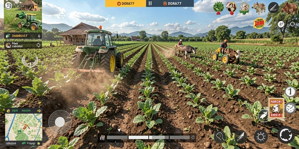 Tangkapan layar menunjukkan gameplay DORA77 dengan ladang hijau subur dan aktivitas bertani.