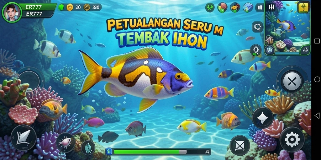 Tangkapan layar utama ER777 menampilkan aksi tangkap ikan yang seru.