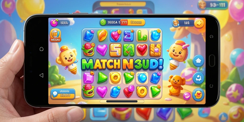 Tampilan menarik dari gameplay MEGA111 saat mencocokkan permata Match-3.
