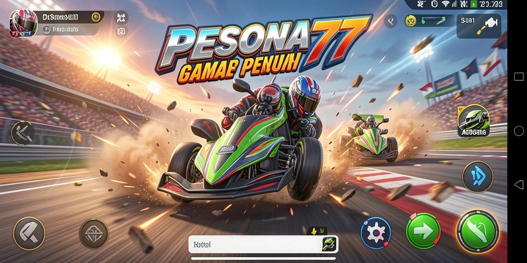 Screenshot utama PESONA77 menampilkan mobil balap beraksi di lintasan yang menantang.