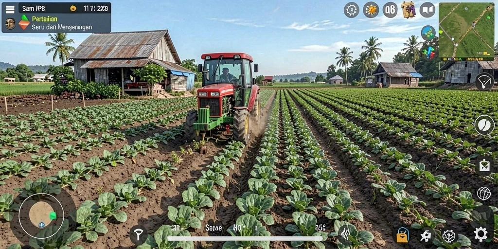 Screenshot gameplay menunjukkan suasana pertanian yang dinamis.
