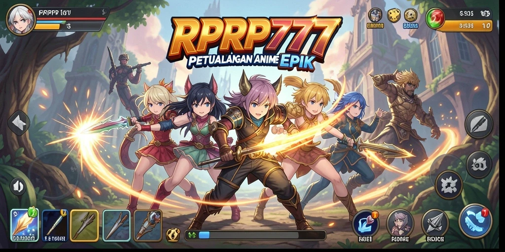 Screenshot gameplay RPRP777 menampilkan pertempuran karakter Anime yang seru.