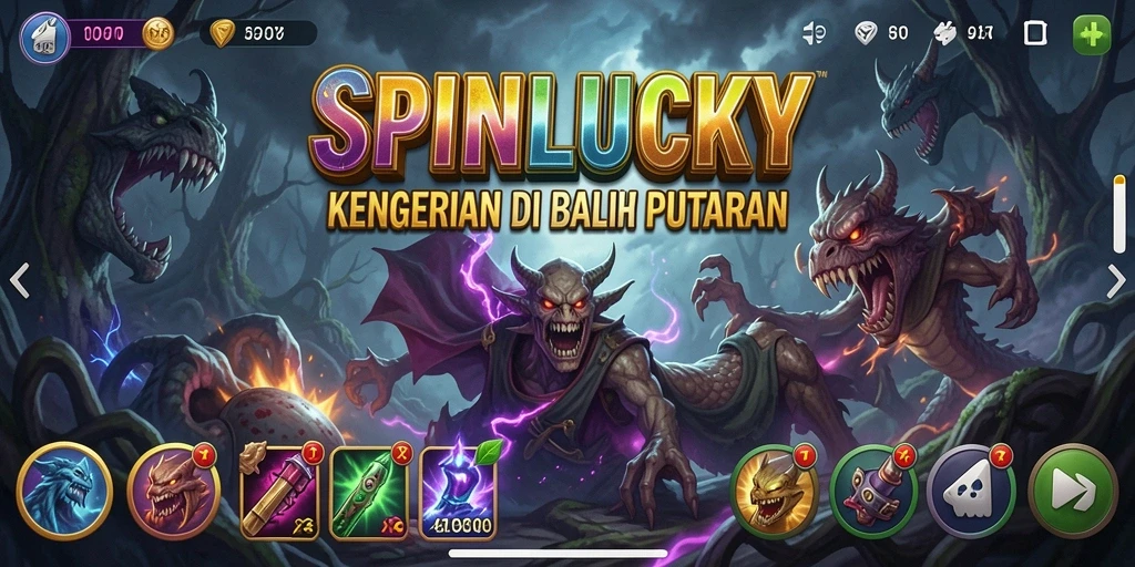 Tangkapan layar SPINLUCKY menampilkan suasana mencekam dan gameplay menakutkan.