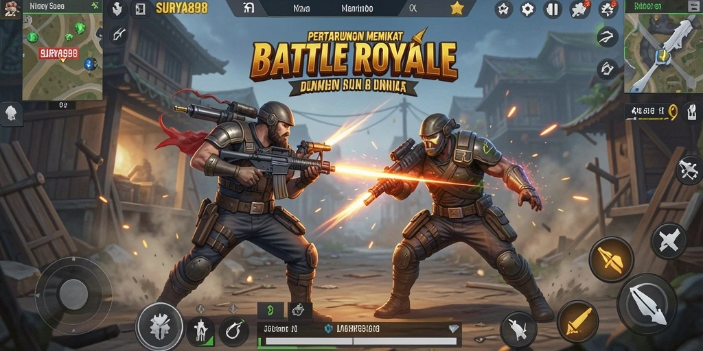 Tampilan aksi intens gameplay SURYA898 dalam pertarungan Battle Royale.